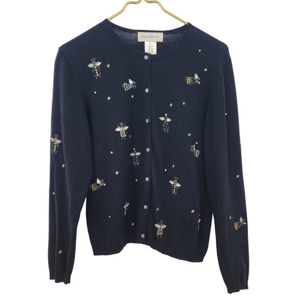 Women's‎ Susan Bristol Button Front Black Angel Beaded Cardigan Sweater Small - Picture 1 of 6